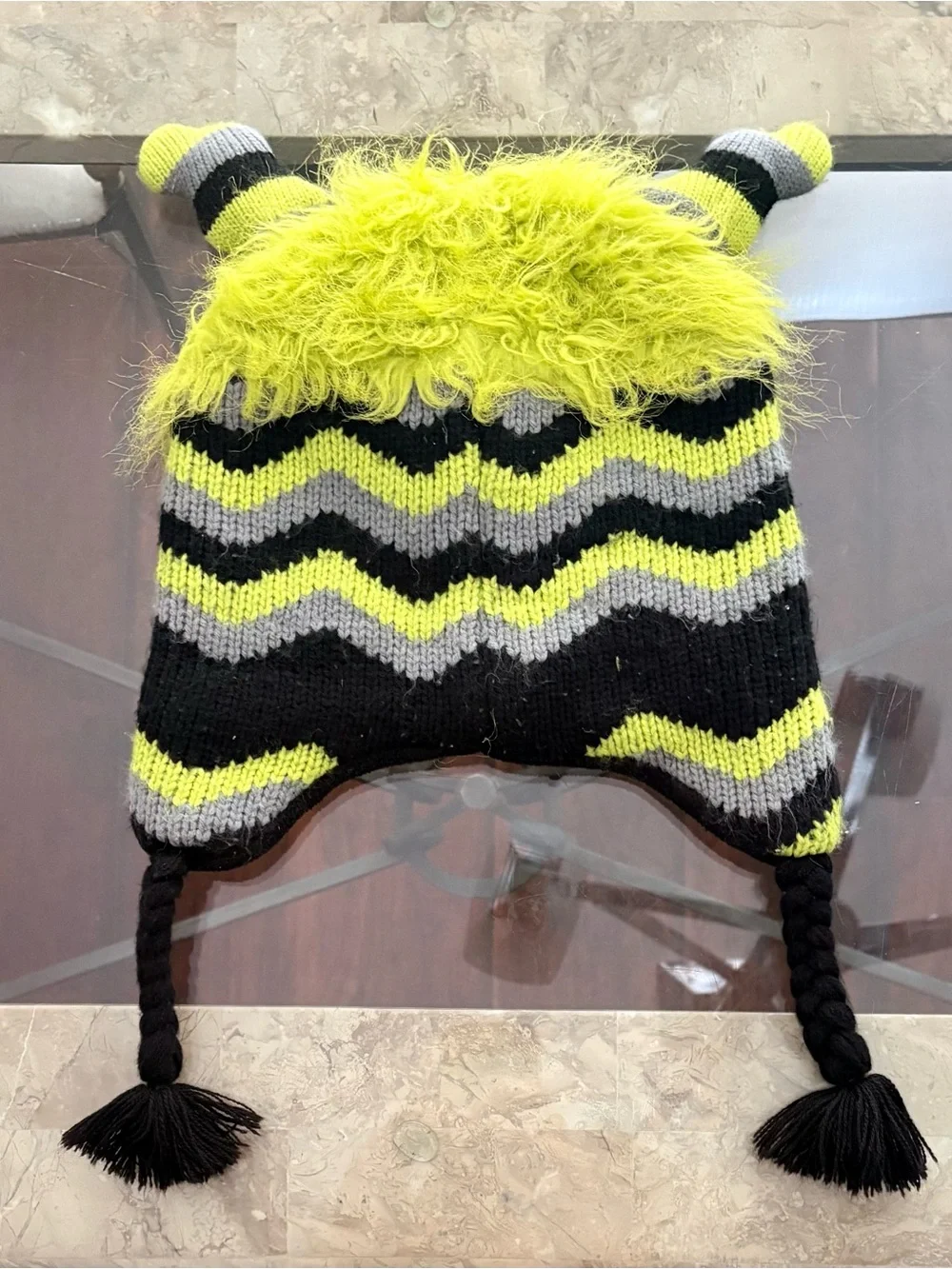 Neon Yellow & Black Monster Earflap Beanie Hat